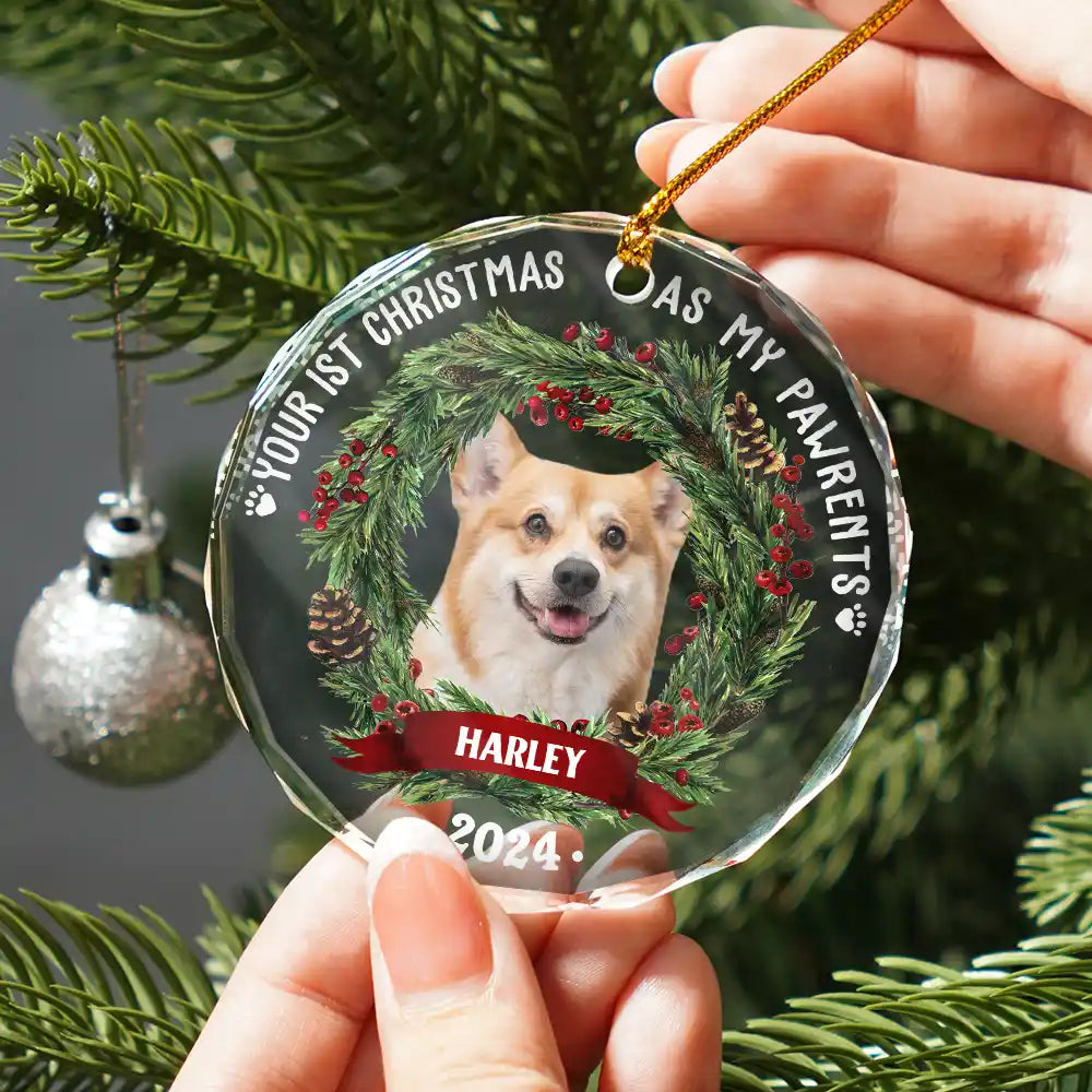 Custom Photo Dog Cat Your First Christmas As My Pawrents - Personalized Circle Glass Ornament ORNA1210