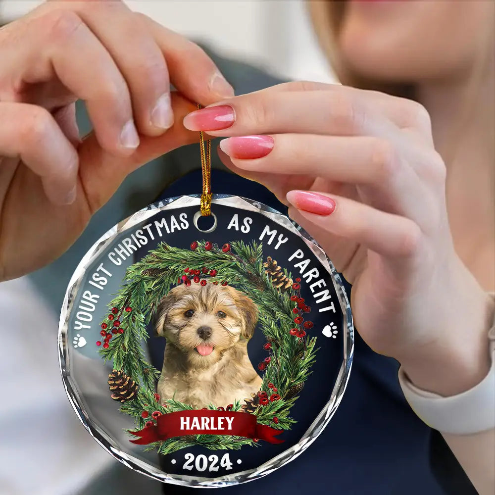 Custom Photo Dog Cat Your First Christmas As My Pawrents - Personalized Circle Glass Ornament ORNA1210