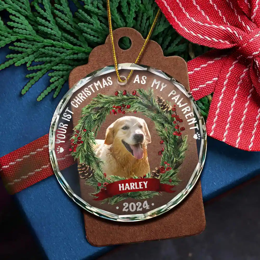 Custom Photo Dog Cat Your First Christmas As My Pawrents - Personalized Circle Glass Ornament ORNA1210