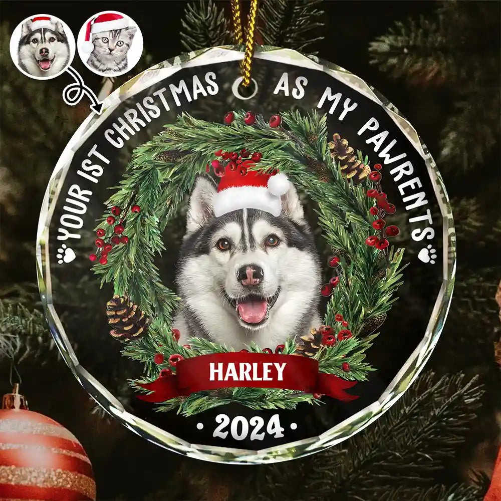 Custom Photo Dog Cat Your First Christmas As My Pawrents - Personalized Circle Glass Ornament ORNA1210