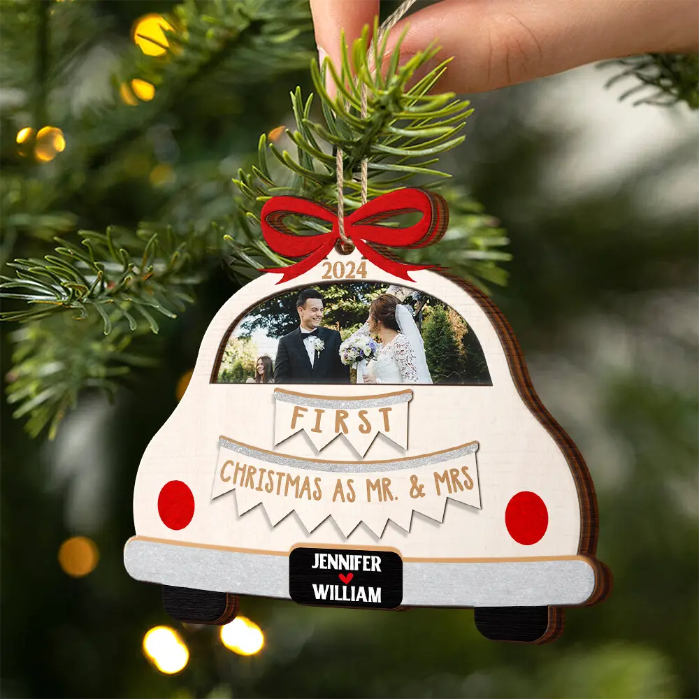 Custom Photo Christmas Couple Just Married - Personalized 2-Layered Wooden Ornament ORNA1210