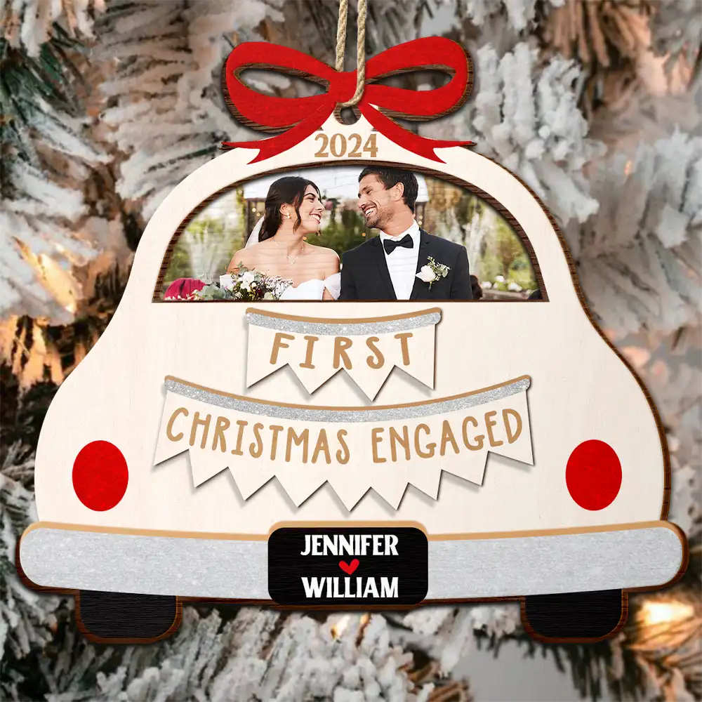 Custom Photo Christmas Couple Just Married - Personalized 2-Layered Wooden Ornament ORNA1210