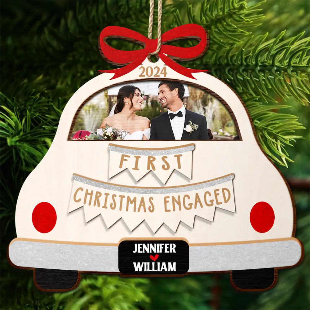 Custom Photo Christmas Couple Just Married - Personalized 2-Layered Wooden Ornament ORNA1210