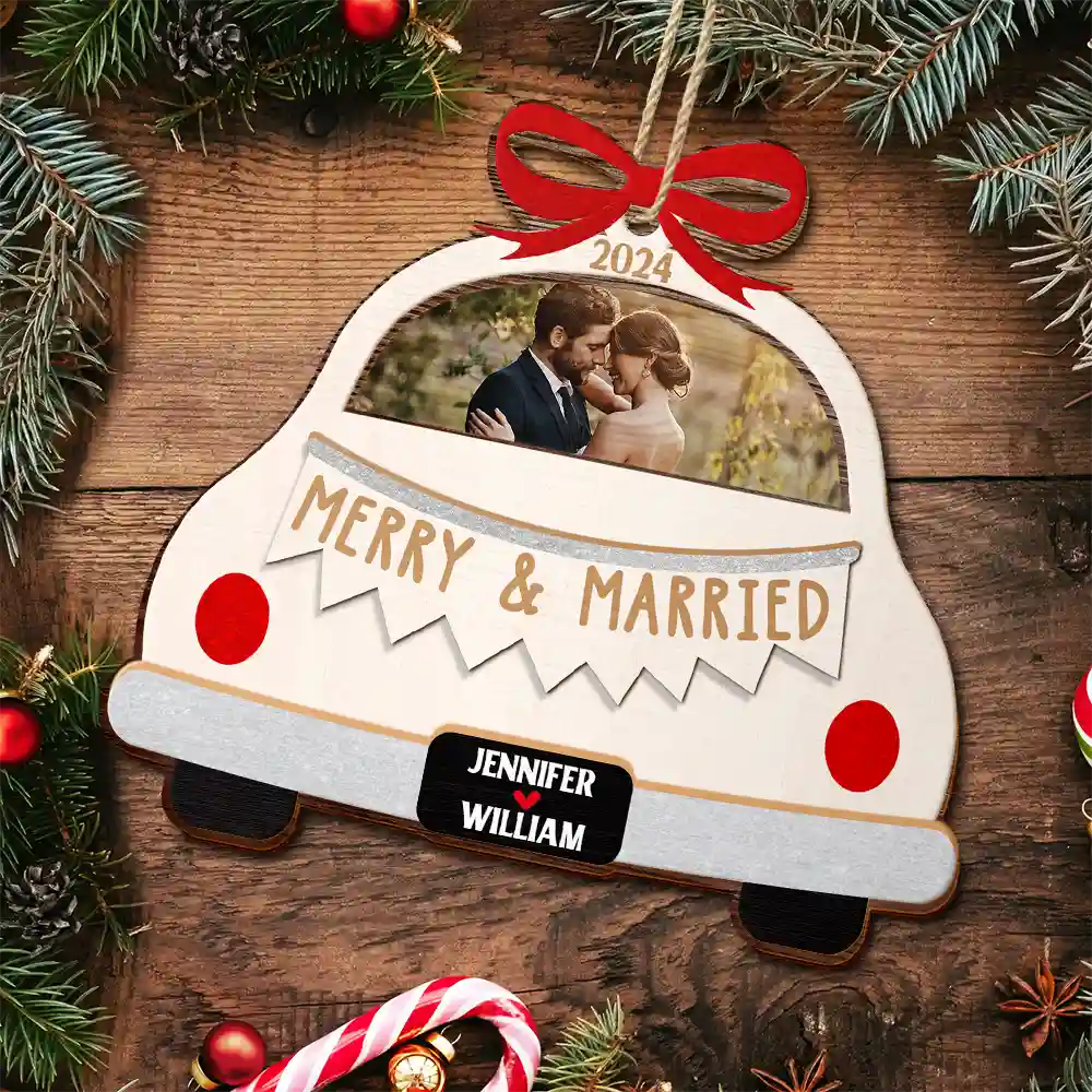 Custom Photo Christmas Couple Just Married - Personalized 2-Layered Wooden Ornament ORNA1210