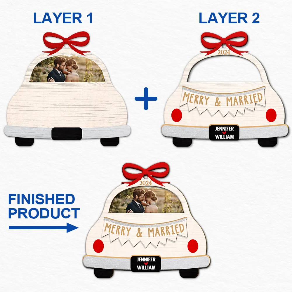 Custom Photo Christmas Couple Just Married - Personalized 2-Layered Wooden Ornament ORNA1210