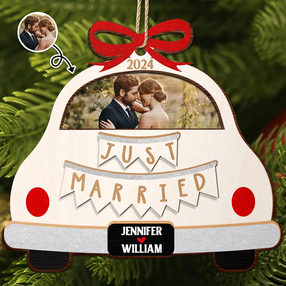 Custom Photo Christmas Couple Just Married - Personalized 2-Layered Wooden Ornament ORNA1210