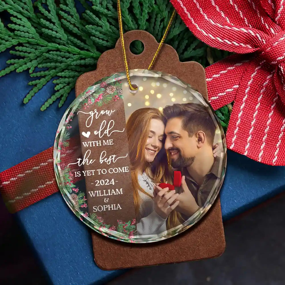 Custom Photo Newly Engaged Couple The Best Is Yet To Come - Personalized Circle Glass Ornament ORNA1210