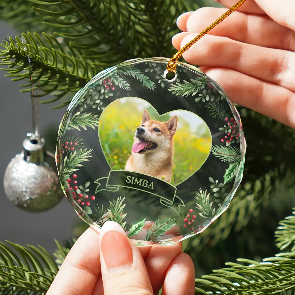 Custom Photo Christmas Dog Cat Pet Love Heart - Personalized Circle Glass Ornament ORNA1210