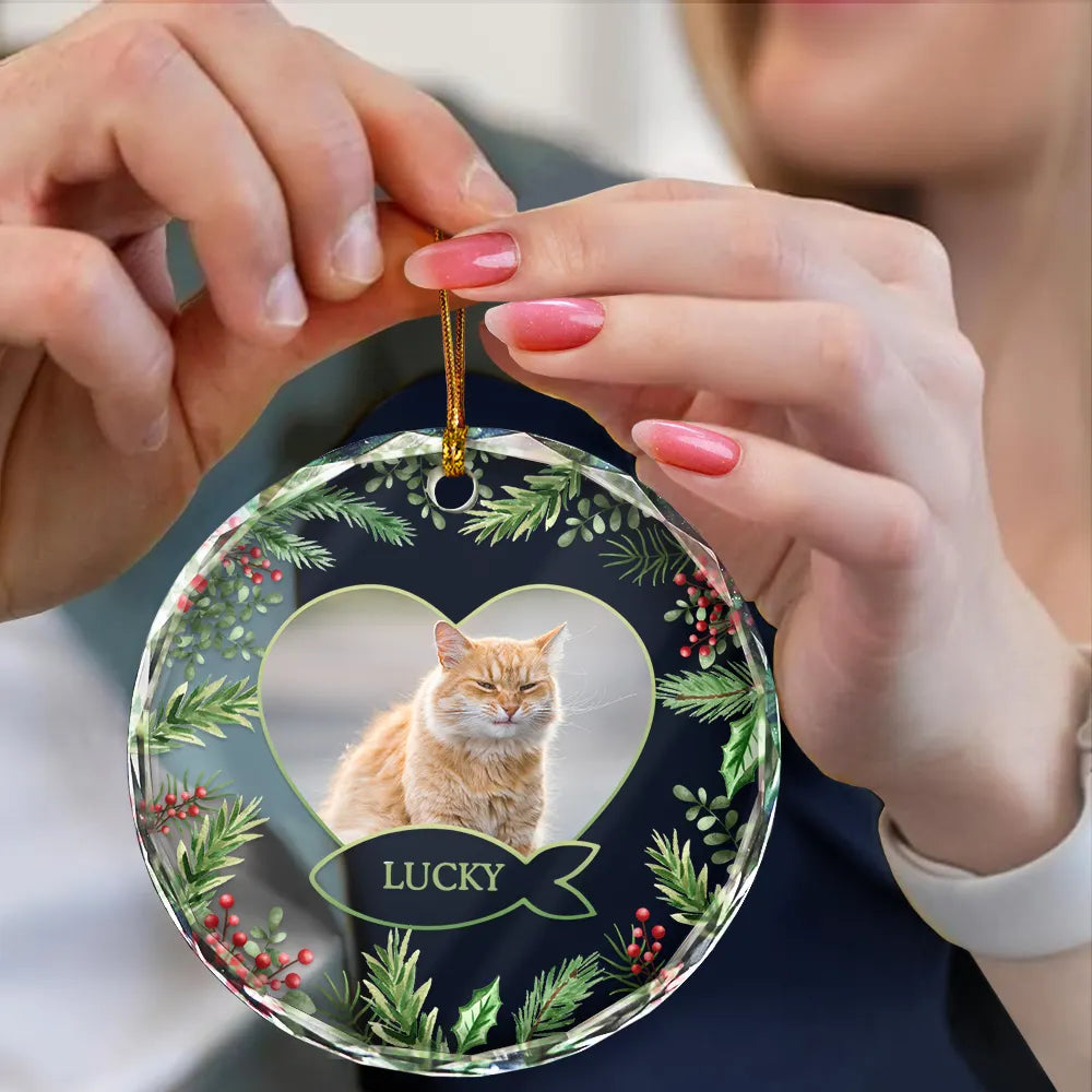 Custom Photo Christmas Dog Cat Pet Love Heart - Personalized Circle Glass Ornament ORNA1210