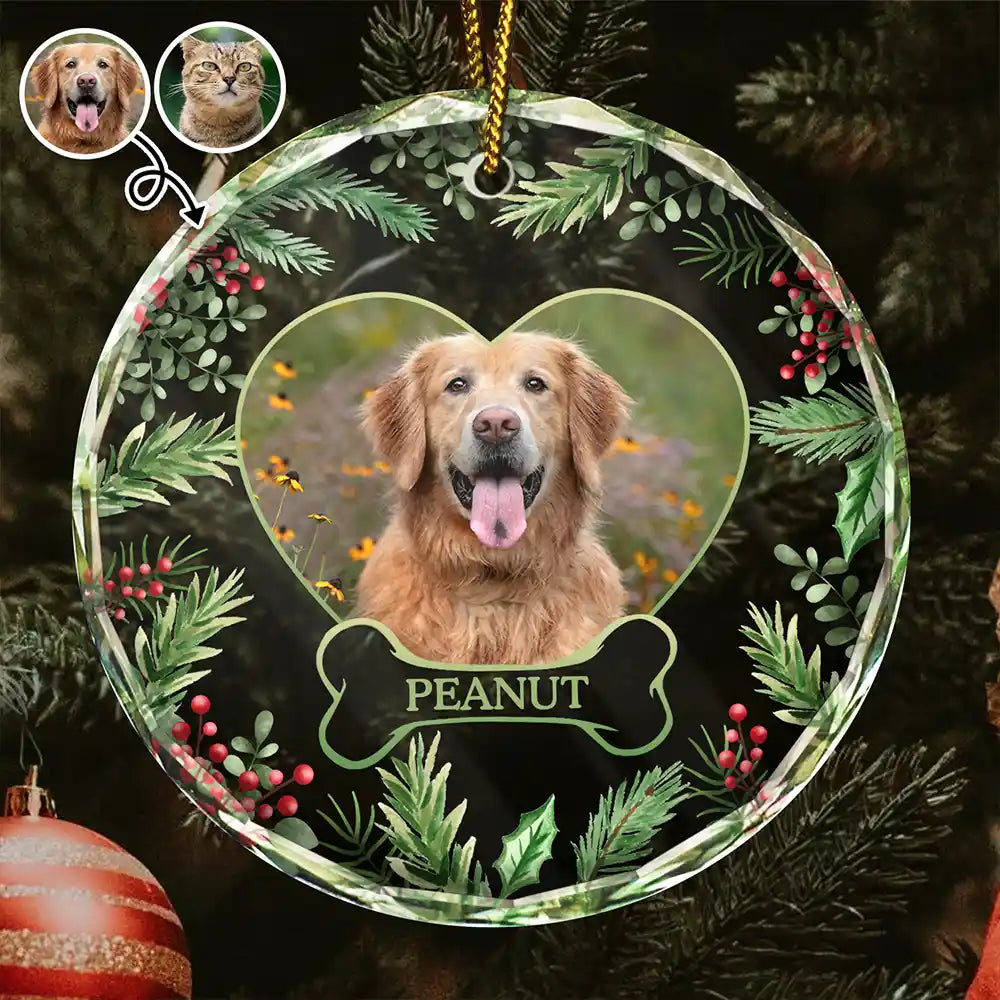 Custom Photo Christmas Dog Cat Pet Love Heart - Personalized Circle Glass Ornament ORNA1210