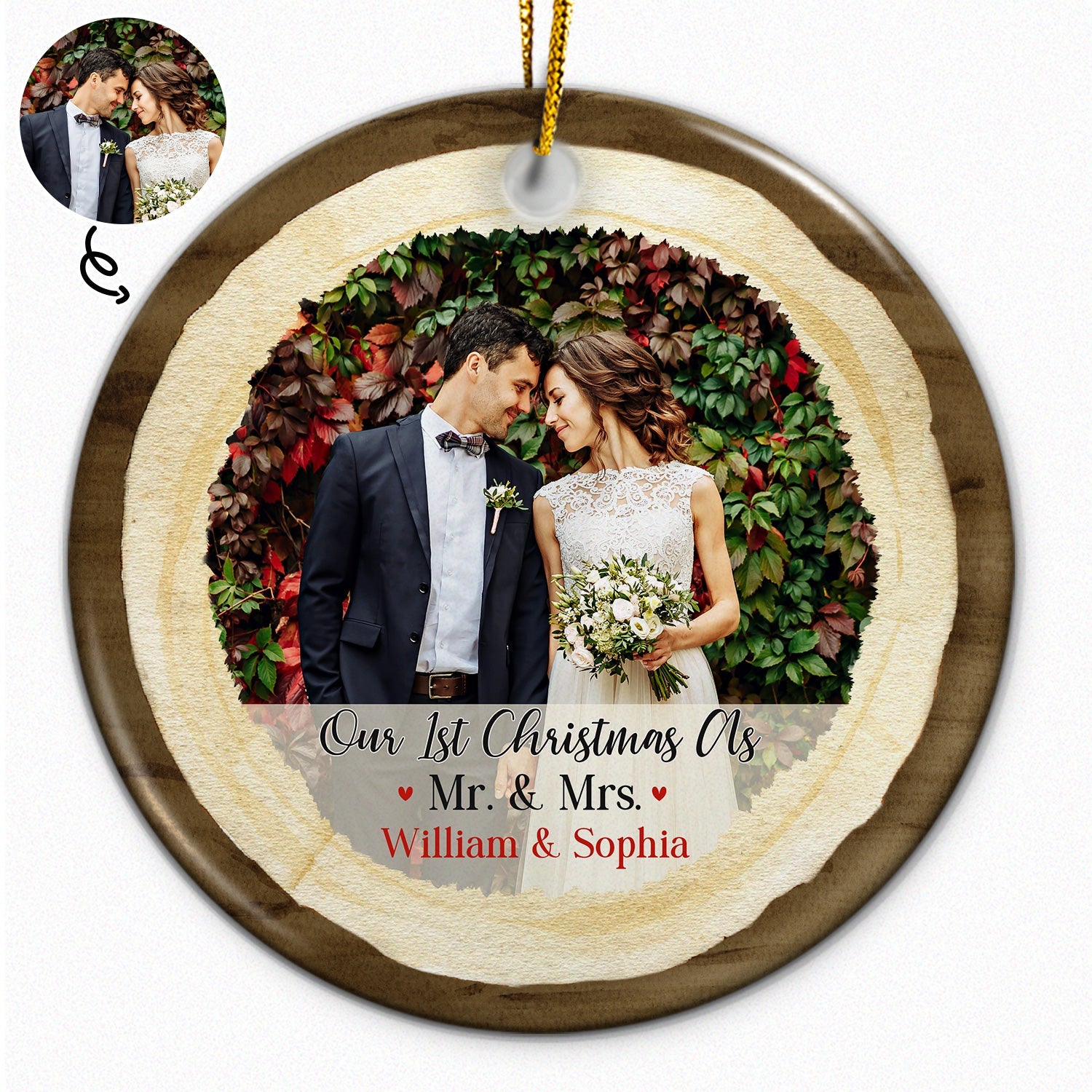Custom Photo Our First Christmas As Mr & Mrs - Christmas Gift For Wedding Married Couples - Personalized Custom Circle Ceramic Ornament ORNA1210