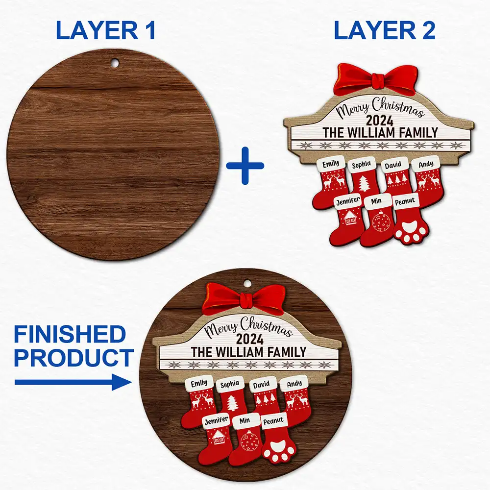 Merry Christmas Stocking Family - Christmas Gift For Family - Personalized 2-Layered Wooden Ornament ORNA1210