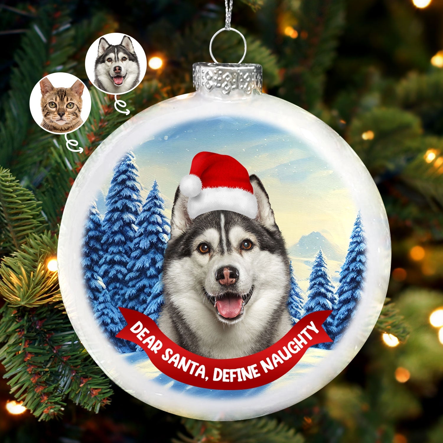 Custom Photo Dog Cat Dear Santa Define Naughty - Christmas Gift For Pet Lovers - Personalized White Flat Ball Ornament ORNA1210