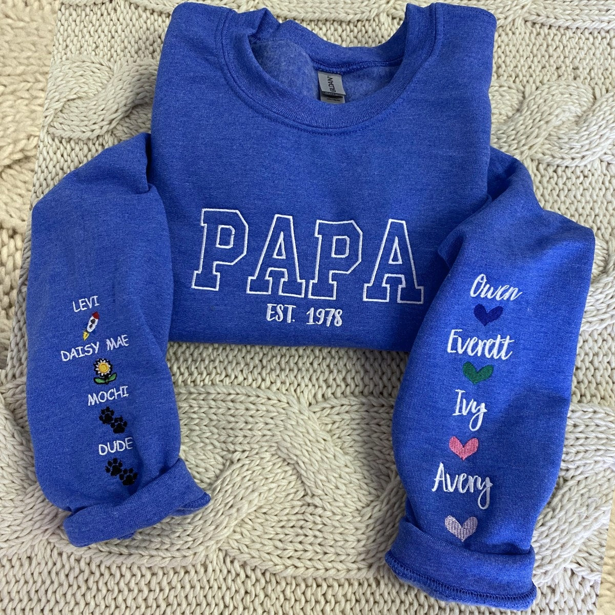 Personalized Papa Sweatshirts Hoodie with Name of Child, Dad EST 2024 Crewneck embroidered em4