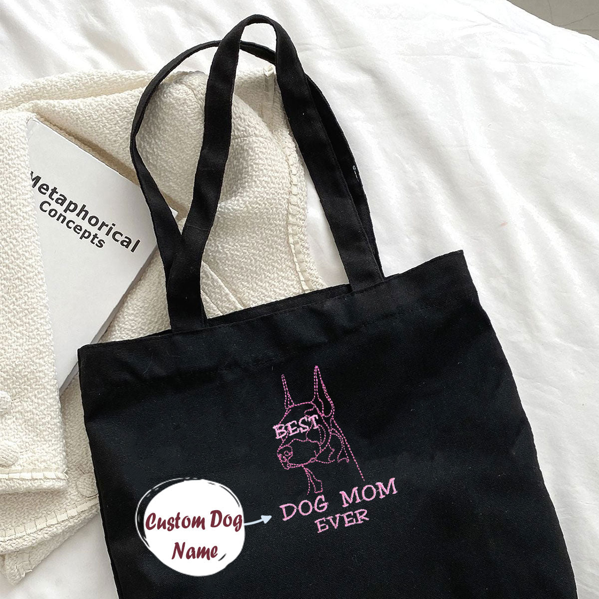 Personalized Best Doberman Dog Mom Ever Embroidered Tote Bag, Custom Tote Bag with Dog Name, Best Gifts For Doberman Lovers em1