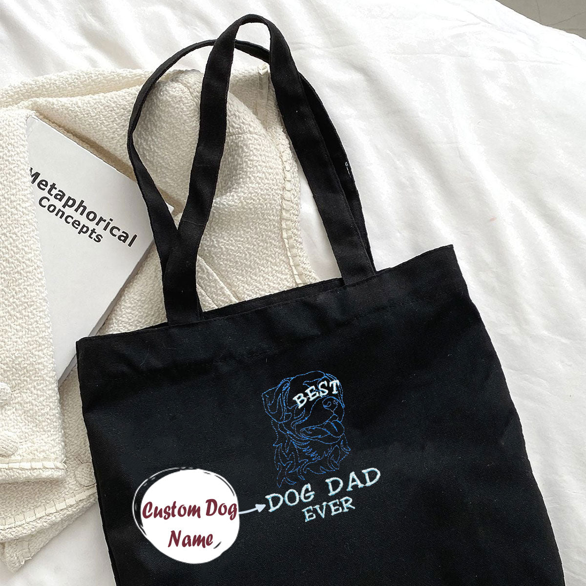 Personalized Best Dog Dad Ever Tote Bag with Dog Name Embroidered, Gift Idea for Dog Dad em2