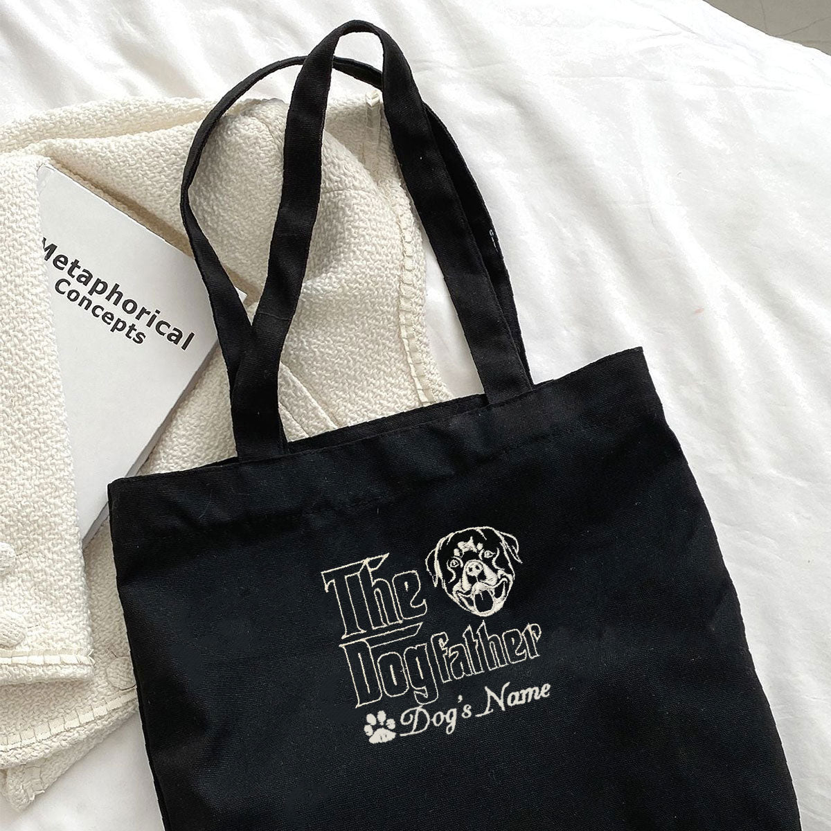 Personalized Rottweiler Tote Bag Embroidered with Dog Name, The DogFather Design, Unique Gift For Rottweiler Lovers em2