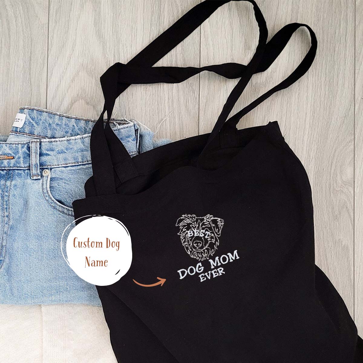 Personalized Best Australian Shepherd Dog Mom Ever Embroidered Tote Bag, Custom Tote Bag with Dog Name em1
