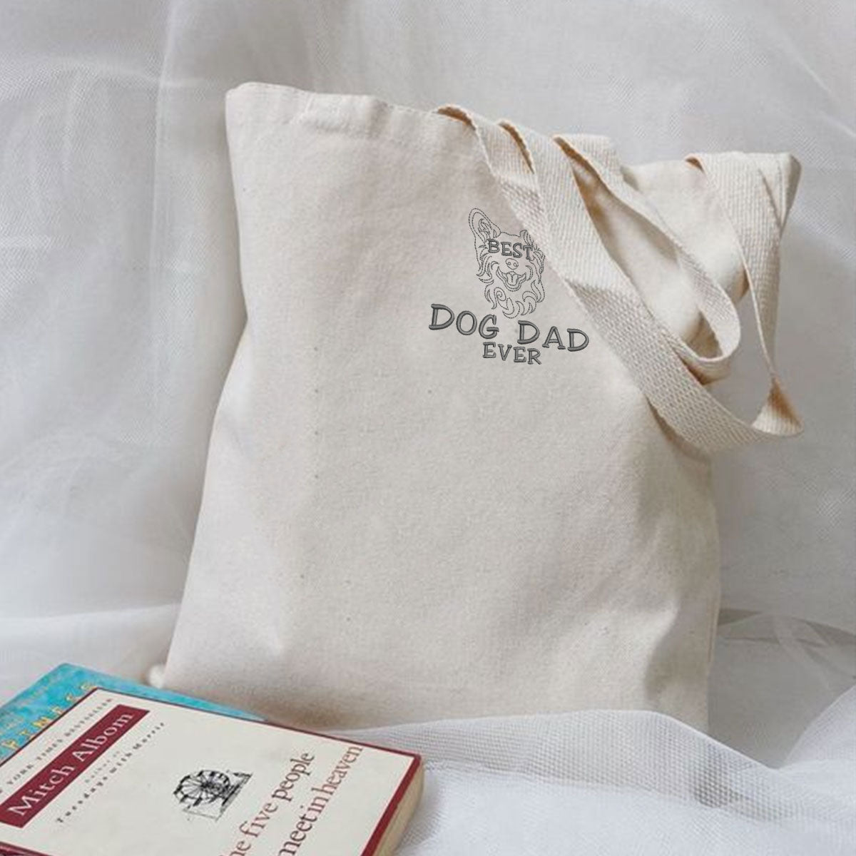 Personalized Best Corgi Dog Dad Ever Embroidered Tote Bag, Custom Tote Bag with Dog Name, Best Gifts For Corgi Lovers em2