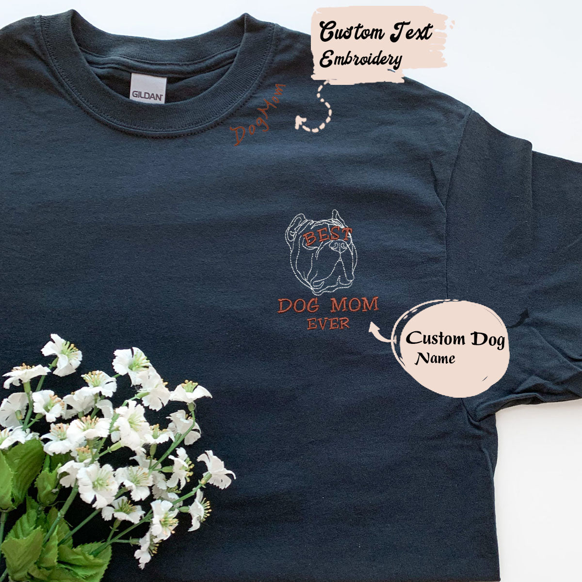 Personalized Best Pitbull Dog Mom Ever Embroidered Collar Shirt, Custom Shirt with Dog Name, Best Gifts for Pitbull Lovers em1