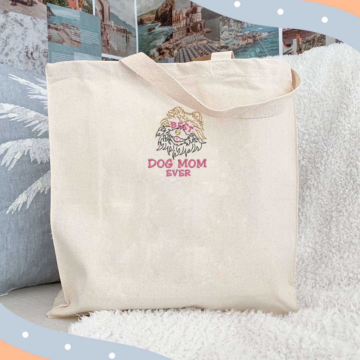 Personalized Best Pomeranian Dog Mom Ever Embroidered Tote Bag, Custom Tote Bag with Dog Name, Best Gifts For Pomeranian Lovers em2