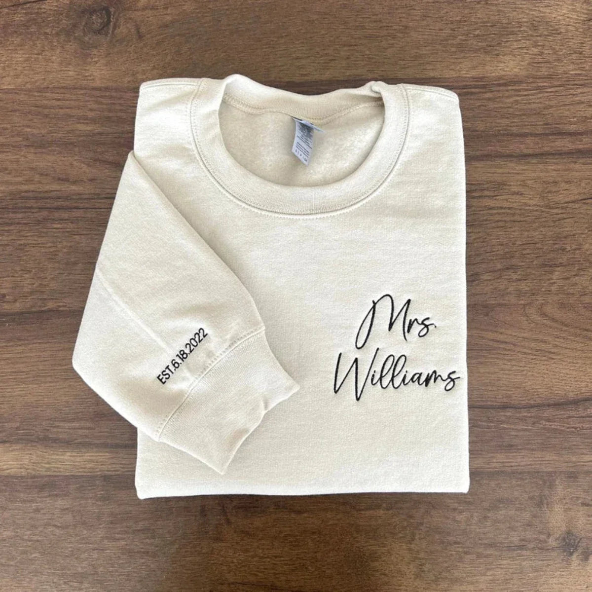 Personalized Future Mrs Sweatshirt Embroidered with Anniversary Date Text Name Initial Heart on Sleeve em4