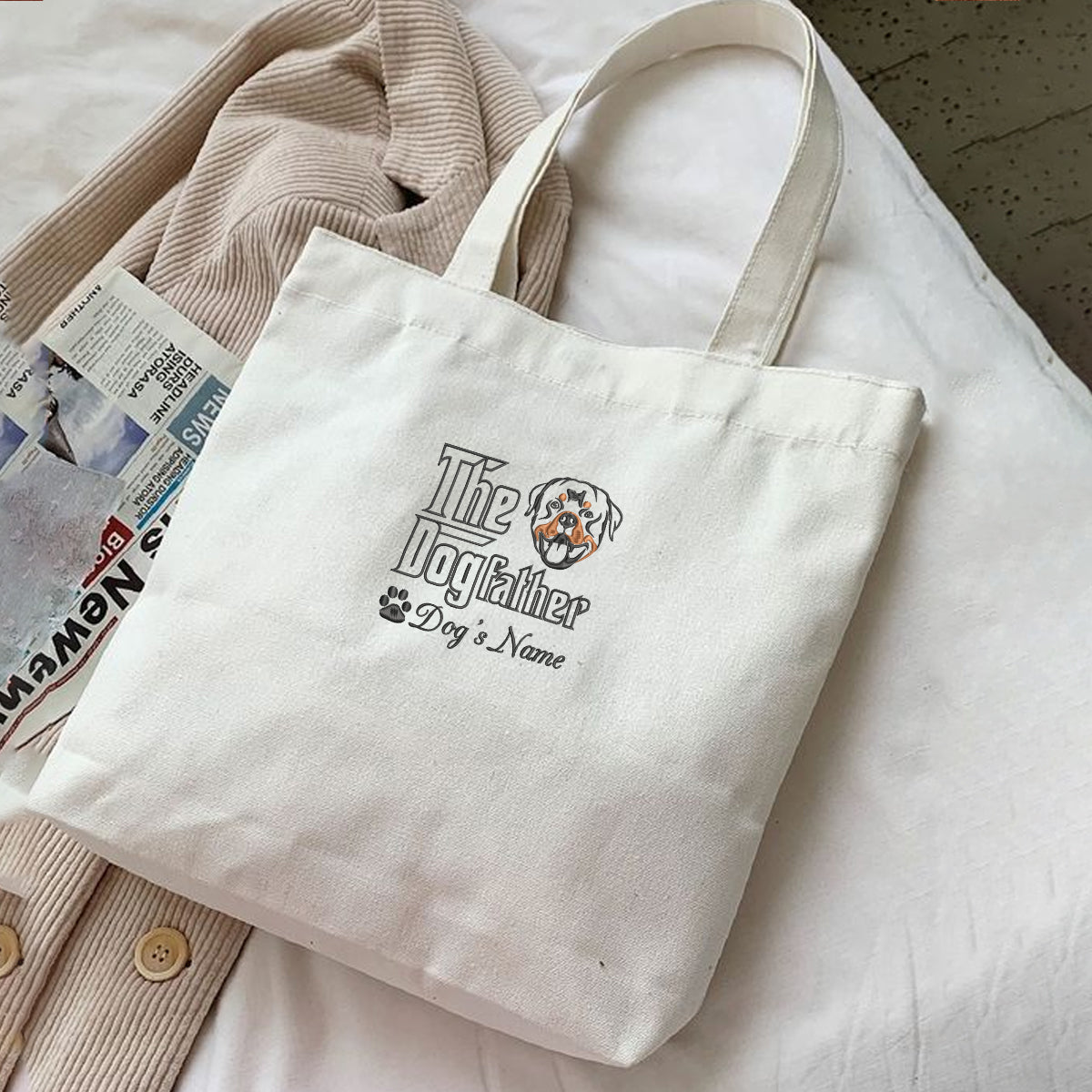 Personalized Rottweiler Tote Bag Embroidered with Dog Name, The DogFather Design, Unique Gift For Rottweiler Lovers em2