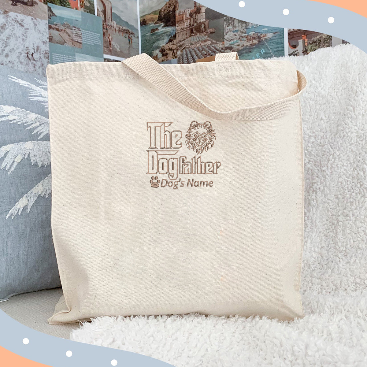 Personalized The DogFather Embroidered Tote Bag Pomeranian, Custom Tote Bag with Dog Name, Best Gifts For Pomeranian Lovers em1