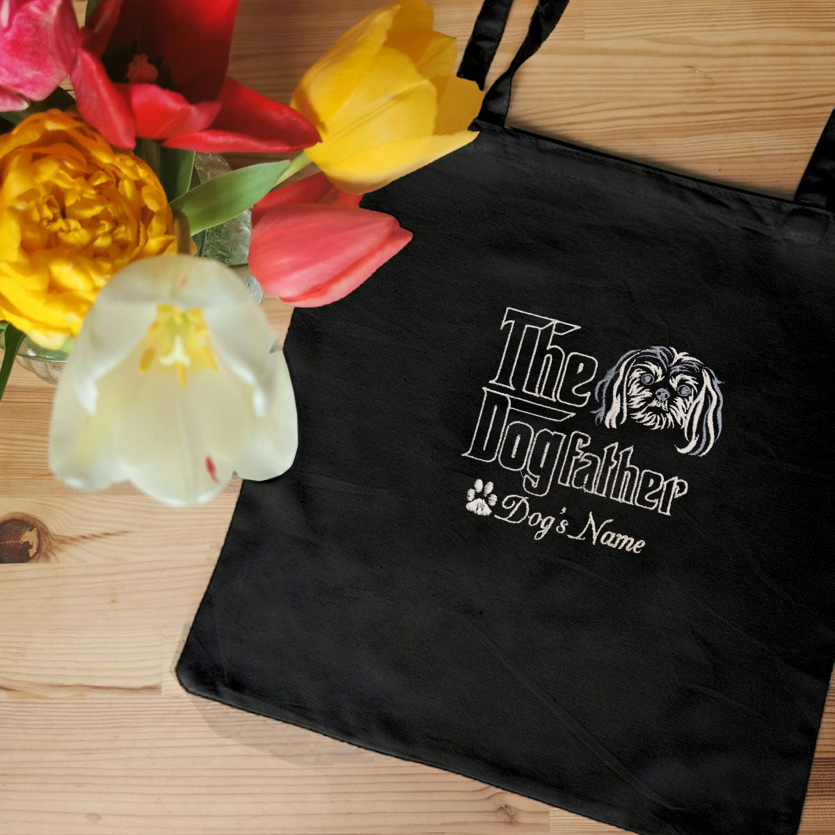 Personalized The DogFather Embroidered Tote Bag Shih Tzu, Custom Tote Bag with Dog Name, Best Gifts For Shih Tzu Lovers em2