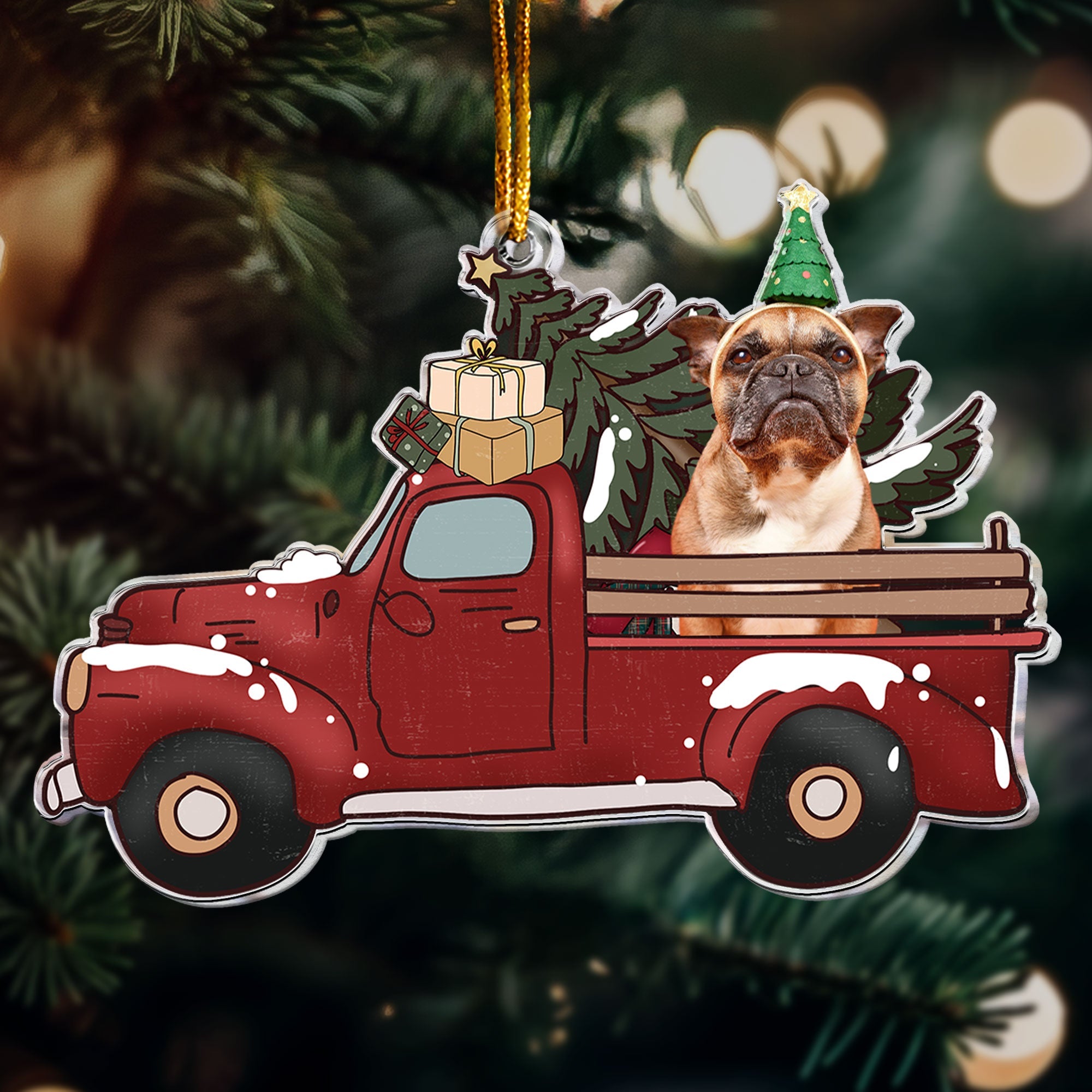 Pet On Red Truck - Personalized Acrylic Ornament ORN0810