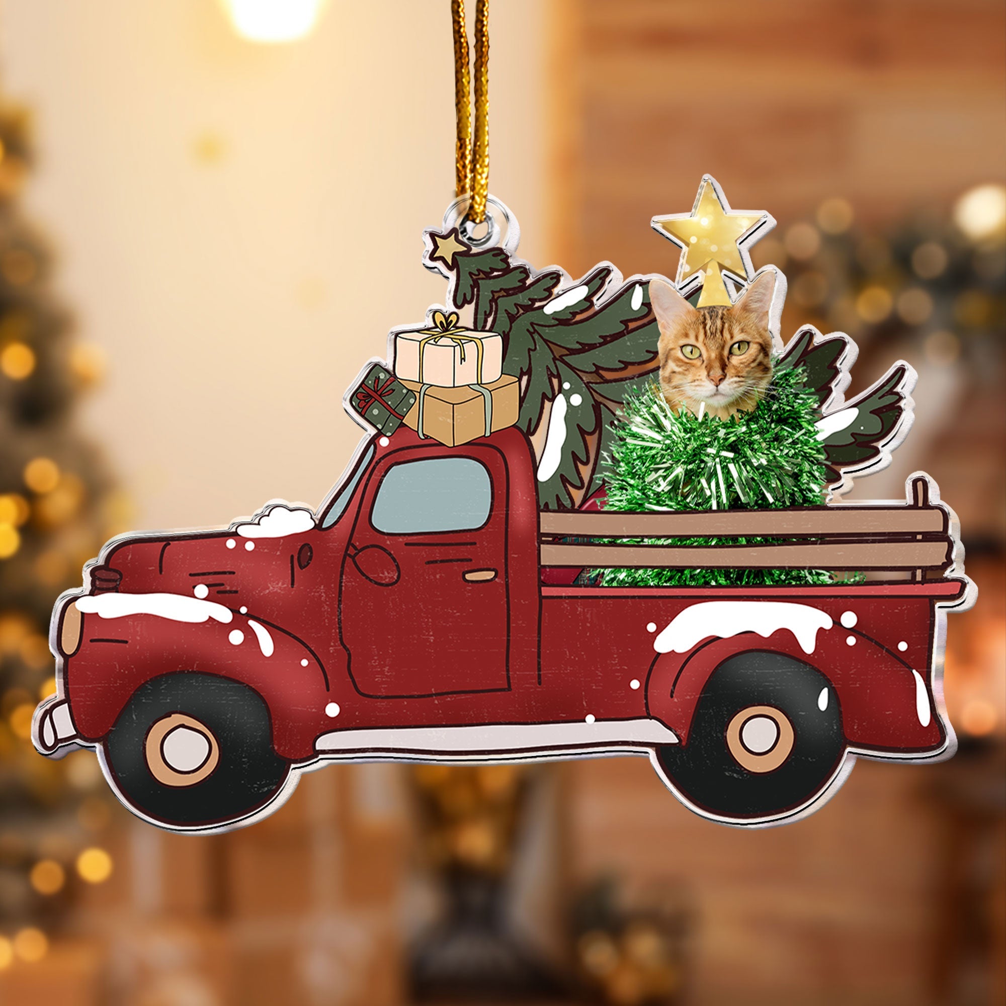 Pet On Red Truck - Personalized Acrylic Ornament ORN0810