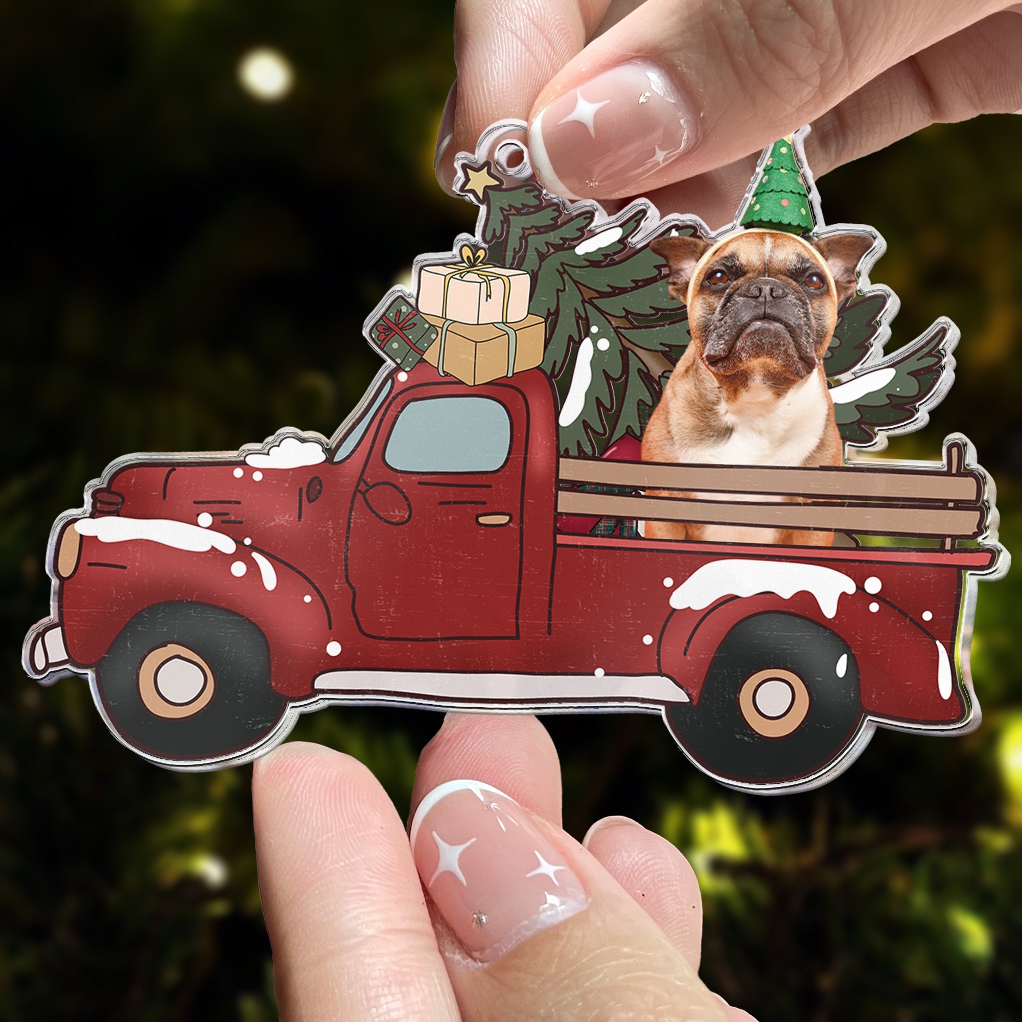 Pet On Red Truck - Personalized Acrylic Ornament ORN0810
