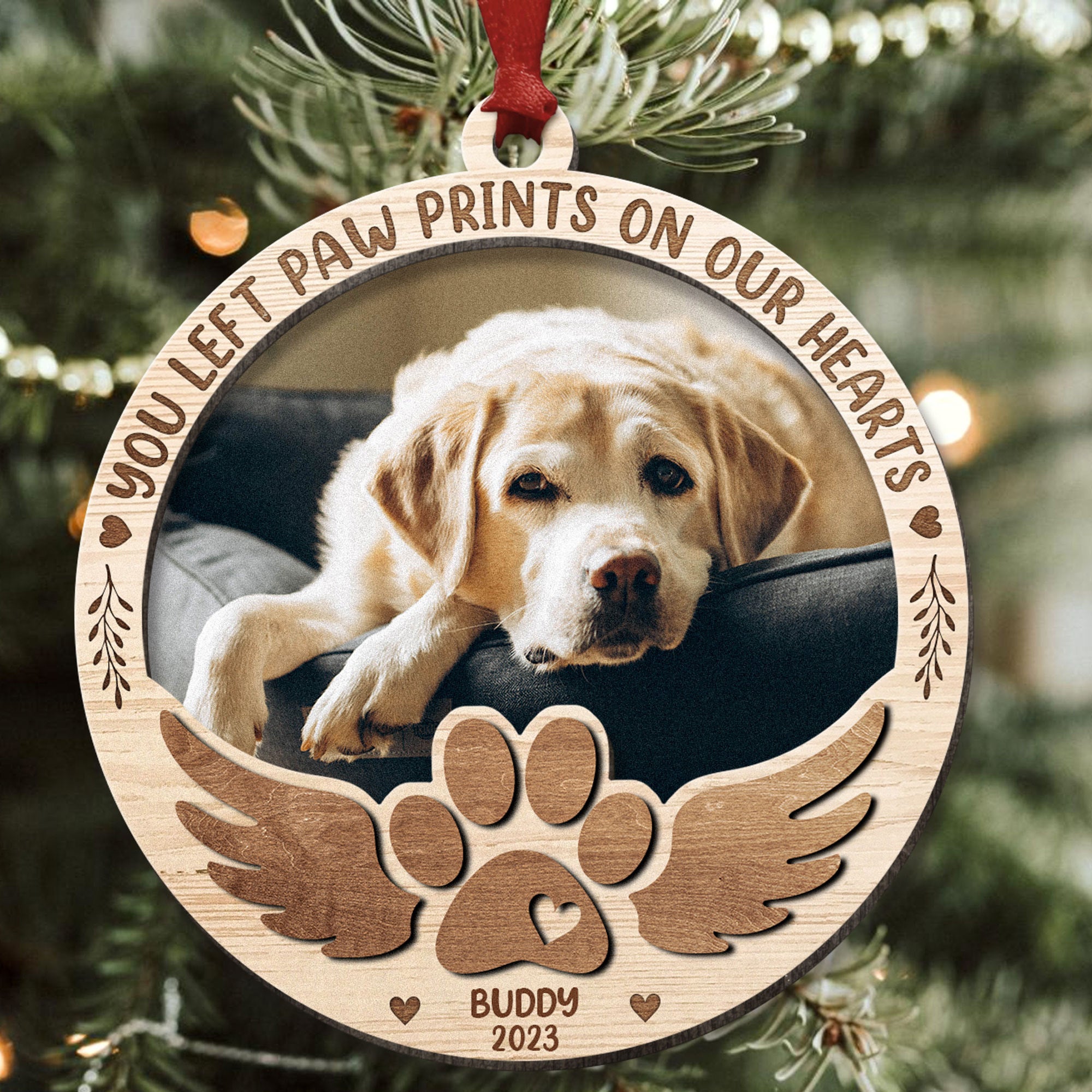 Paw Prints On My Heart - Personalized 2 Layers Wooden Photo Ornament ORN0810