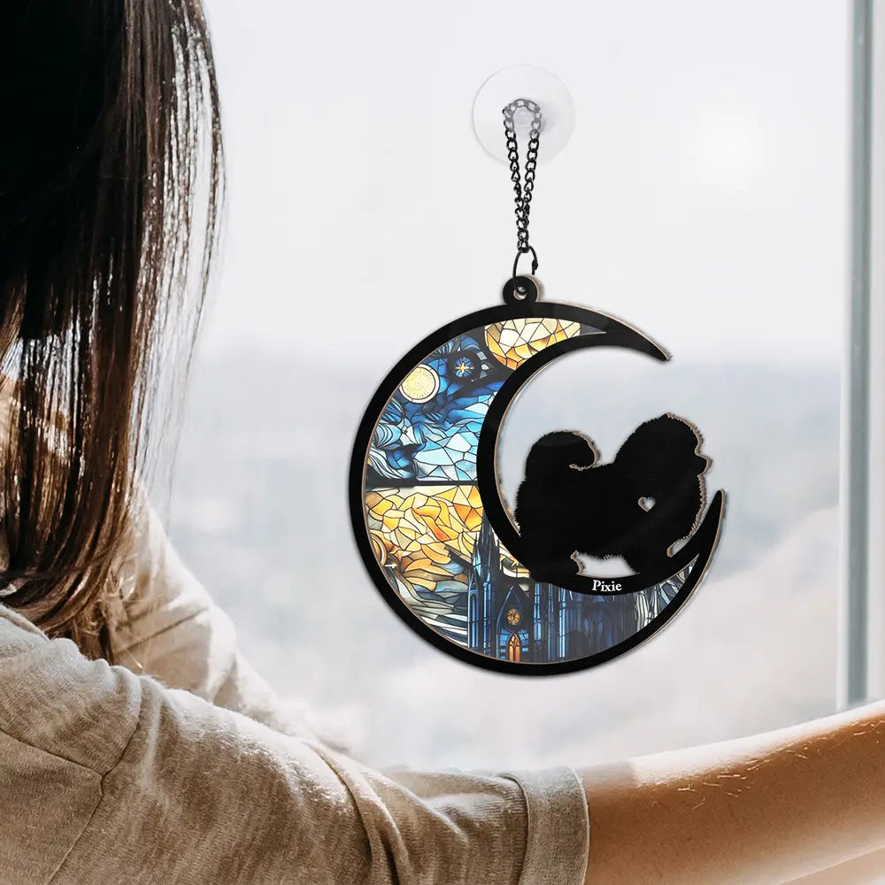 Dog With Stained Glass Moon - Personalized Window Hanging Suncatcher Ornament ORNA1210