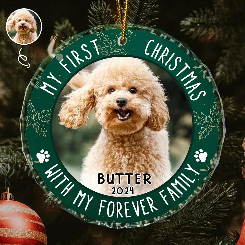 Custom Photo First Christmas Pet Lovers - Personalized Circle Glass Ornament ORNA1210