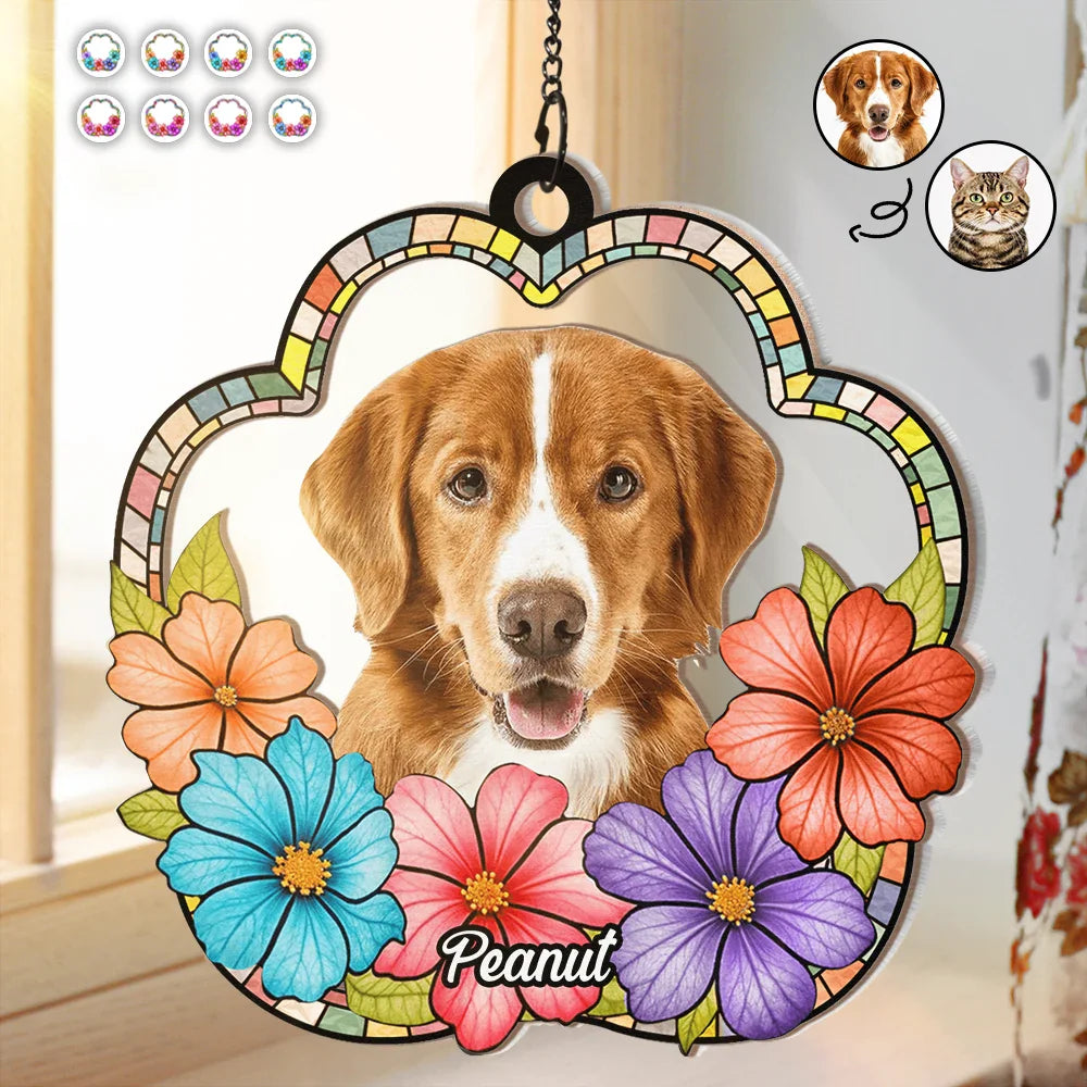 Custom Photo Dog Cat Floral Stained Glass - Personalized Window Hanging Suncatcher Ornament ORNA1210