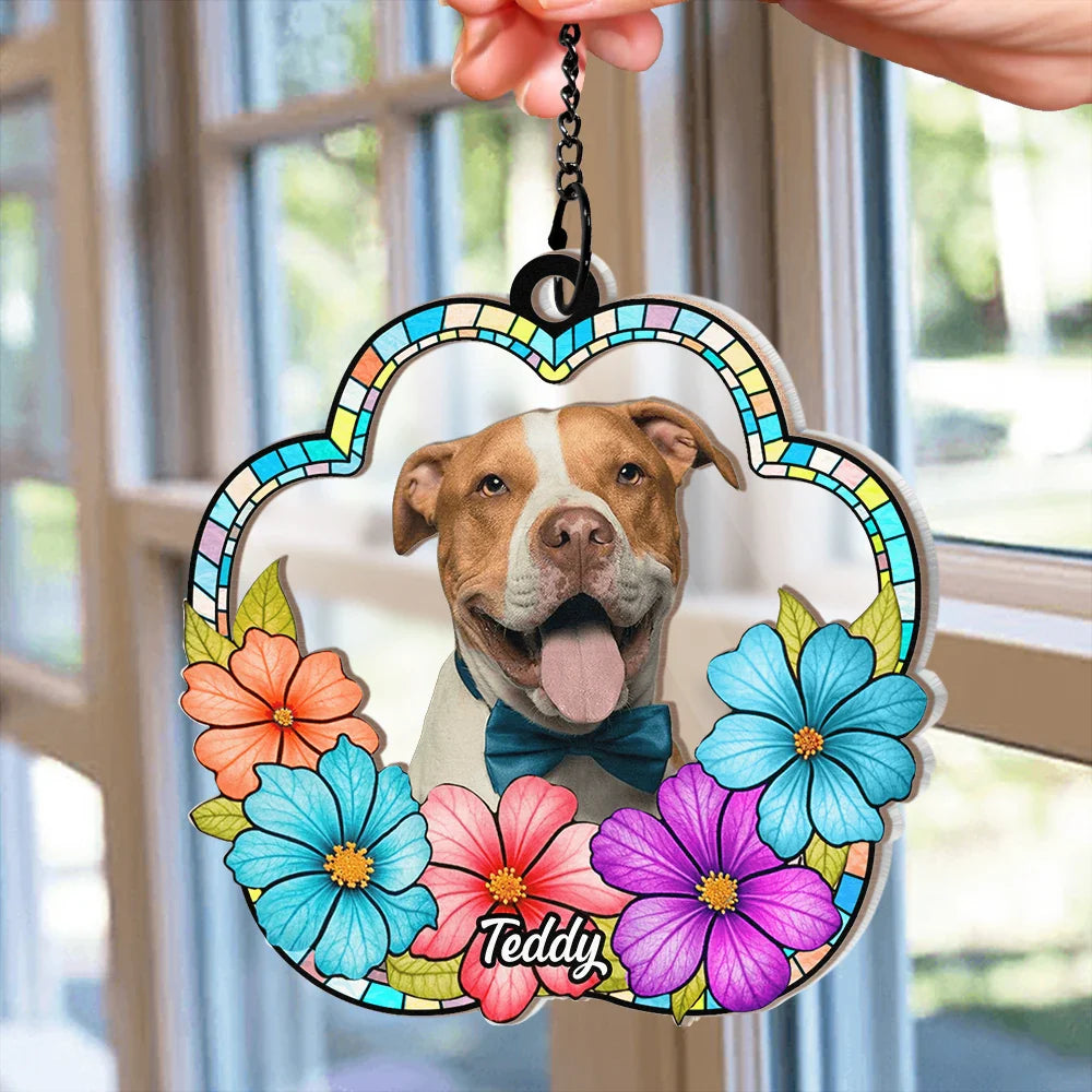 Custom Photo Dog Cat Floral Stained Glass - Personalized Window Hanging Suncatcher Ornament ORNA1210
