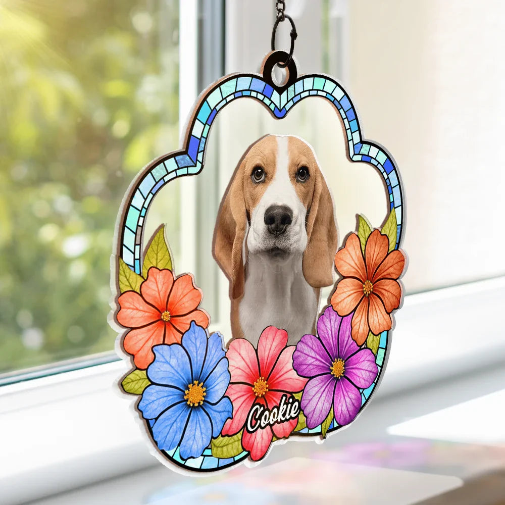 Custom Photo Dog Cat Floral Stained Glass - Personalized Window Hanging Suncatcher Ornament ORNA1210