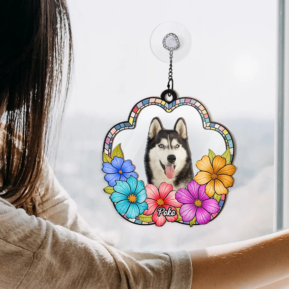 Custom Photo Dog Cat Floral Stained Glass - Personalized Window Hanging Suncatcher Ornament ORNA1210