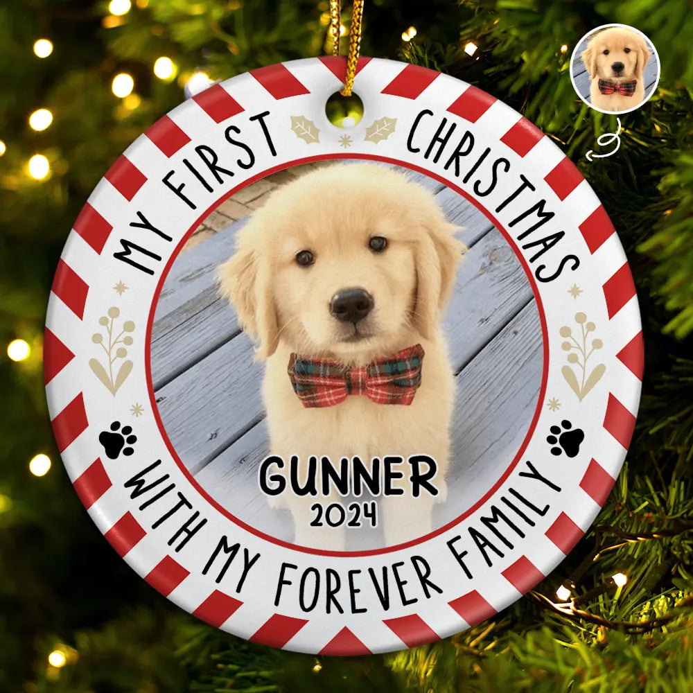 Custom Photo Red Light First Christmas - Personalized Circle Ceramic Ornament ORNA1210