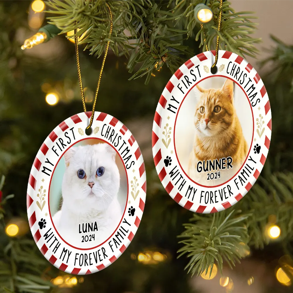 Custom Photo Red Light First Christmas - Personalized Circle Ceramic Ornament ORNA1210
