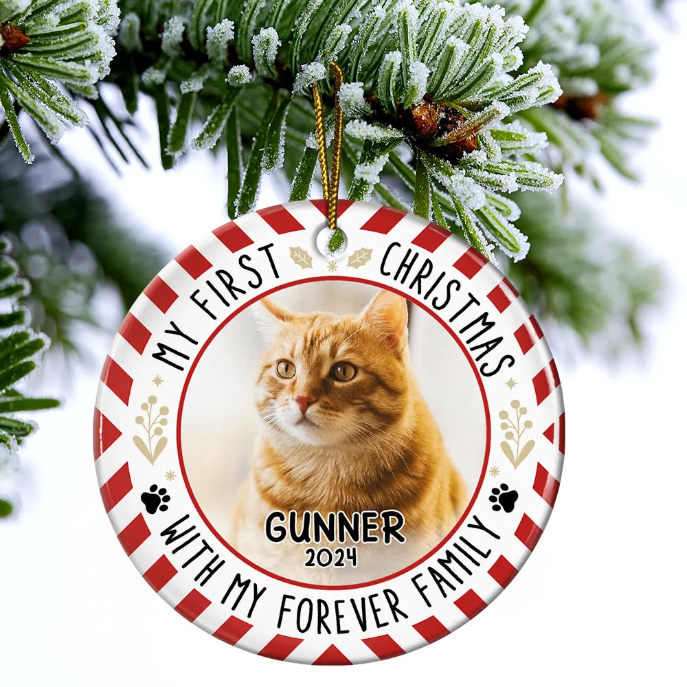 Custom Photo Red Light First Christmas - Personalized Circle Ceramic Ornament ORNA1210