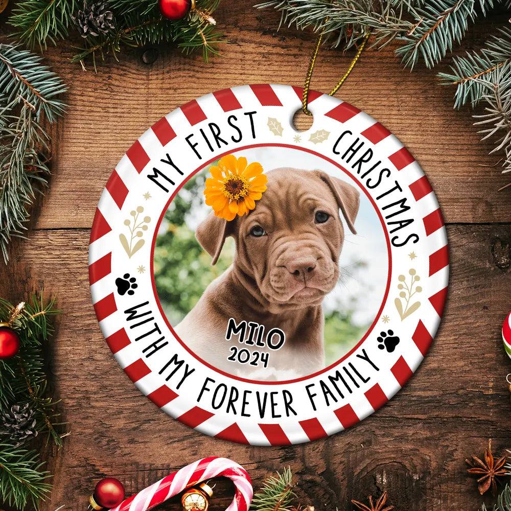 Custom Photo Red Light First Christmas - Personalized Circle Ceramic Ornament ORNA1210