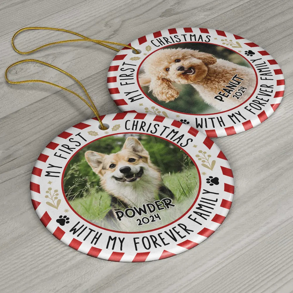 Custom Photo Red Light First Christmas - Personalized Circle Ceramic Ornament ORNA1210