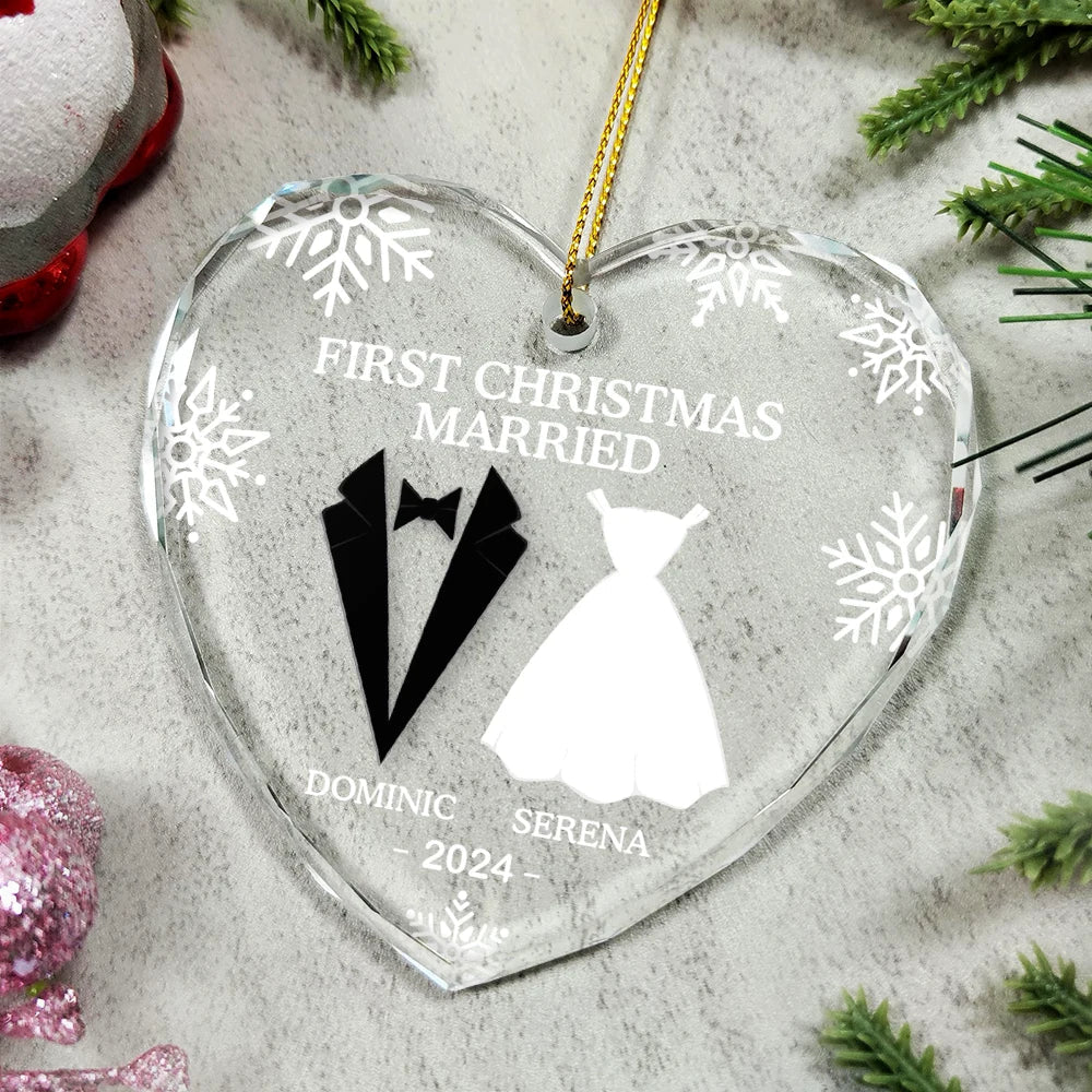 First Christmas As Married Couples - Personalized Heart Shaped Glass Ornament ORNA1210