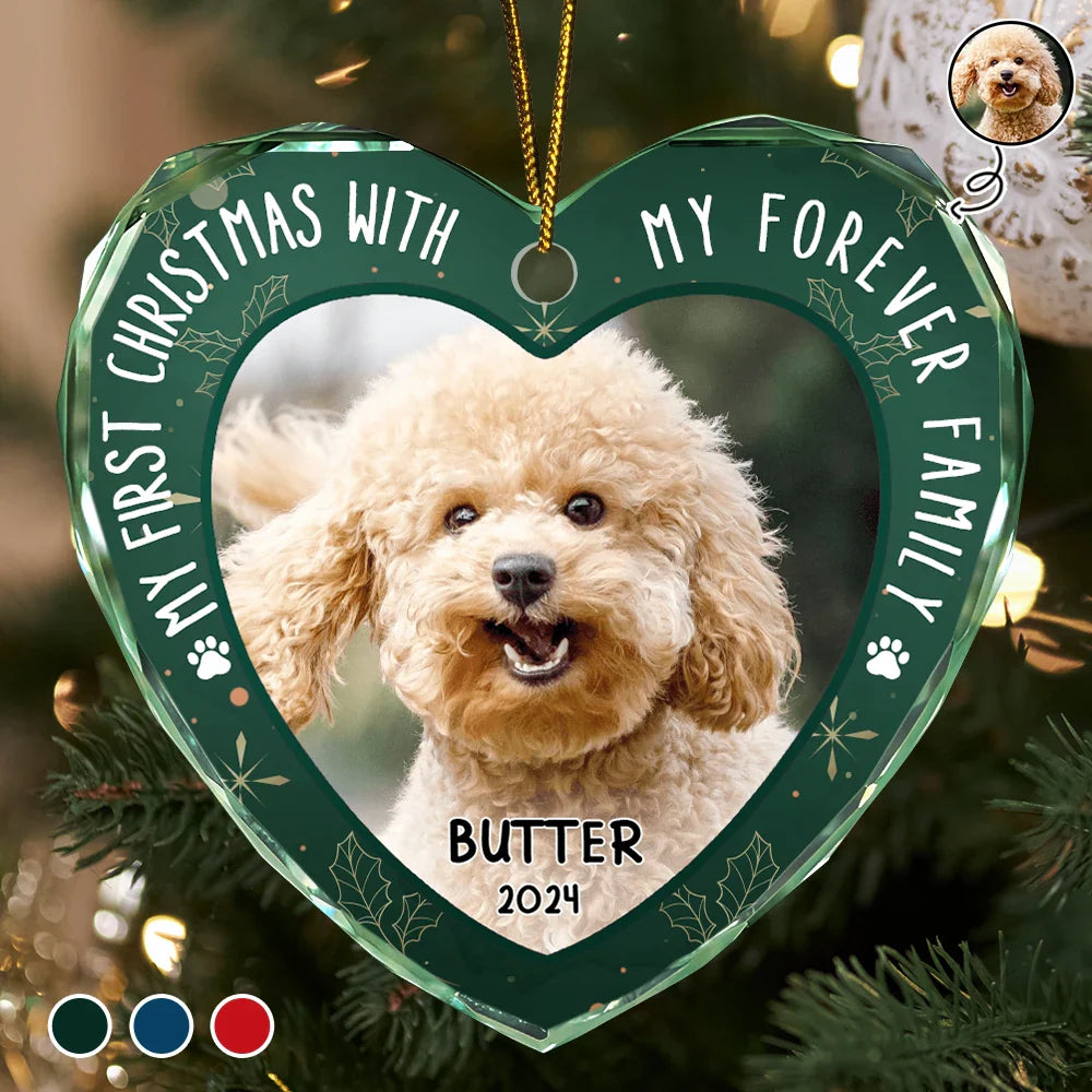Custom Photo First Christmas Pet Lovers - Personalized Heart Shaped Glass Ornament ORNA1210