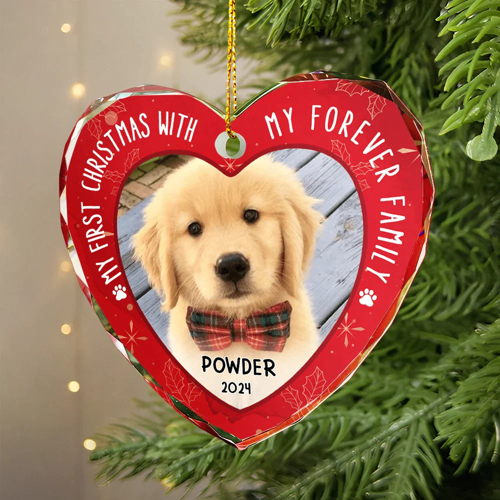 Custom Photo First Christmas Pet Lovers - Personalized Heart Shaped Glass Ornament ORNA1210