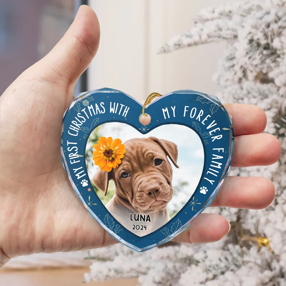 Custom Photo First Christmas Pet Lovers - Personalized Heart Shaped Glass Ornament ORNA1210