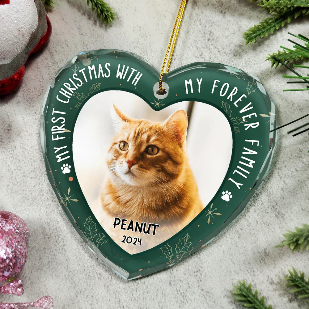 Custom Photo First Christmas Pet Lovers - Personalized Heart Shaped Glass Ornament ORNA1210