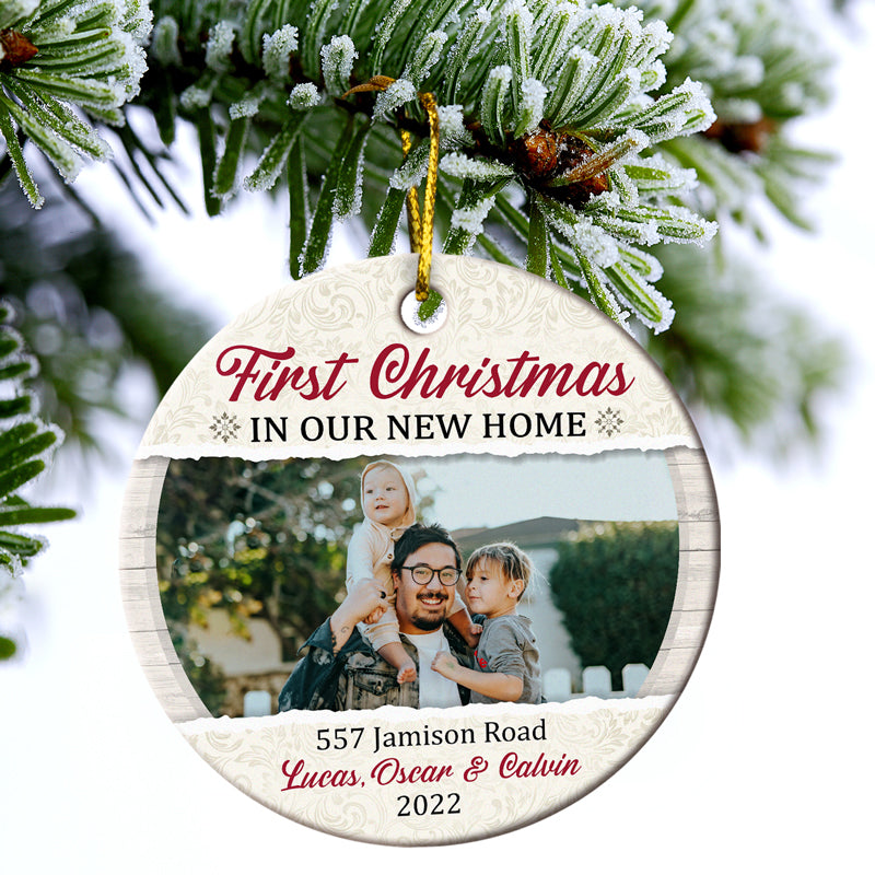 Custom Photo First Christmas In Our New Home - Christmas Gift For Family - Personalized Custom Circle Ceramic Ornament ORNA1210